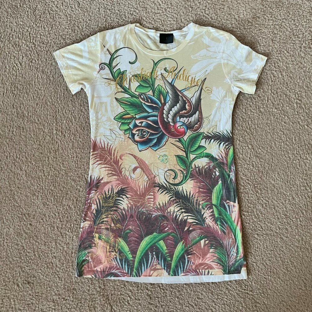 Christian Audigier Authentic (Ed Hardy) Los Angeles Yellow Tunic Tee Large